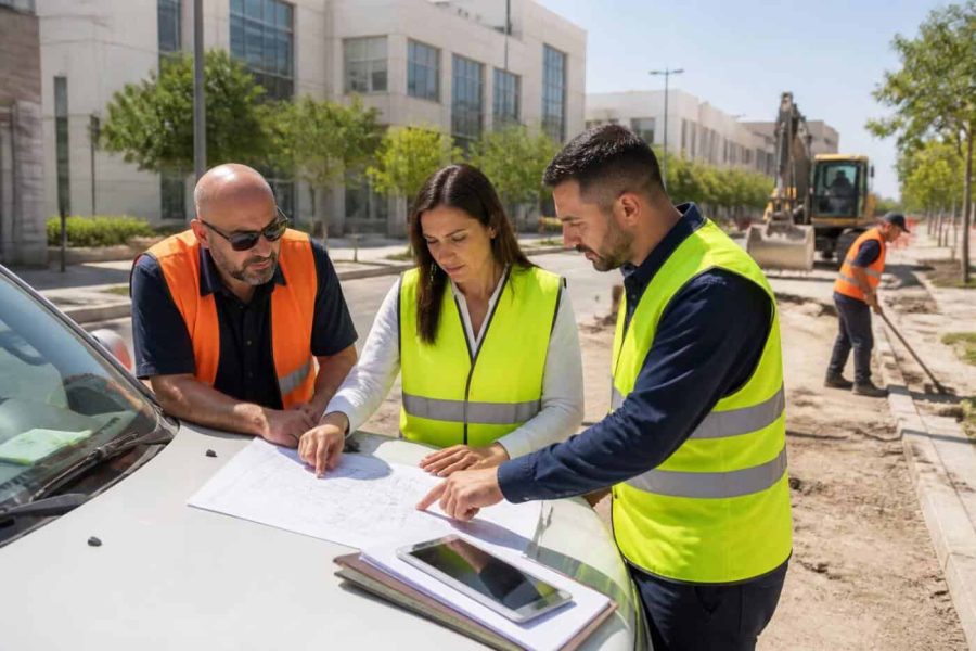 Municipal workers and contractors reviewing infrastructure plans near a public works vehicle in Israel