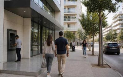 Israeli apartment buildings with a bank office and pedestrians in a calm urban setting