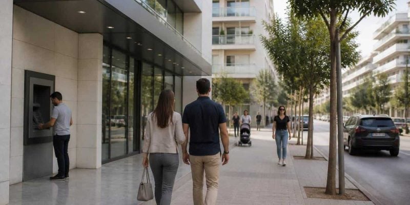 Israeli apartment buildings with a bank office and pedestrians in a calm urban setting