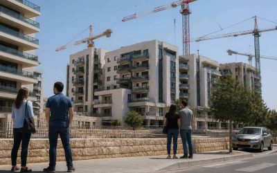 Apartment buildings under construction in Israel with a serious housing market mood