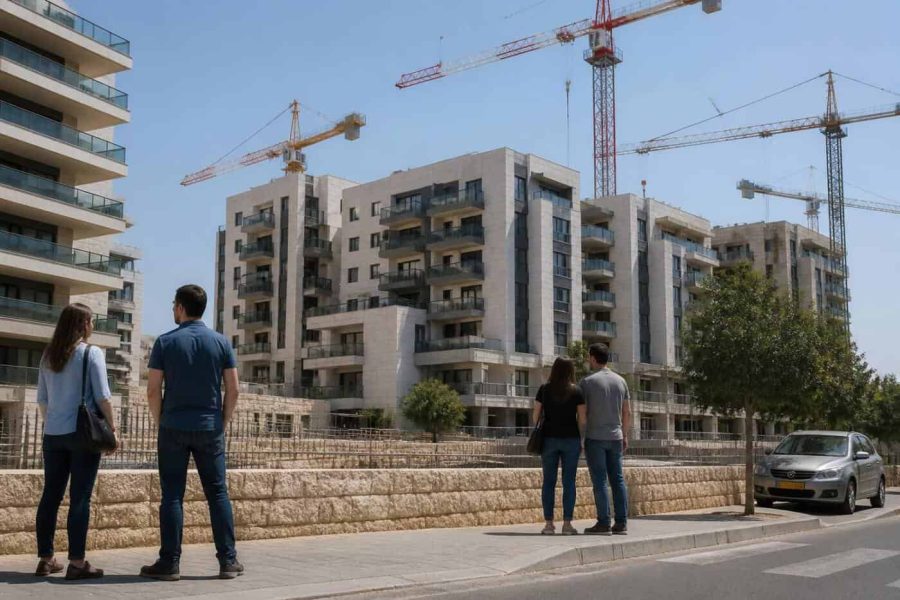 Apartment buildings under construction in Israel with a serious housing market mood
