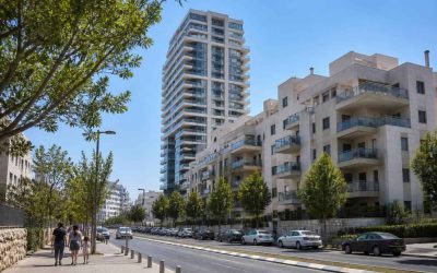 Modern residential towers and family apartment buildings in an Israeli urban neighborhood