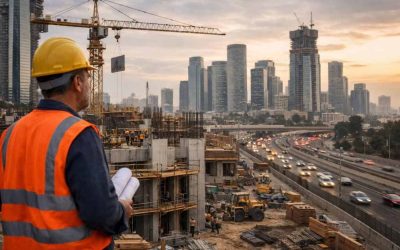 Modern Israeli city skyline with construction cranes representing real estate growth and infrastructure development