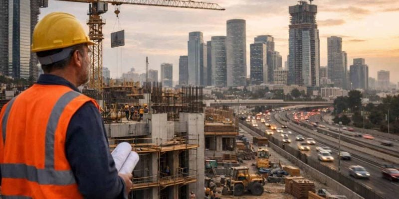 Modern Israeli city skyline with construction cranes representing real estate growth and infrastructure development