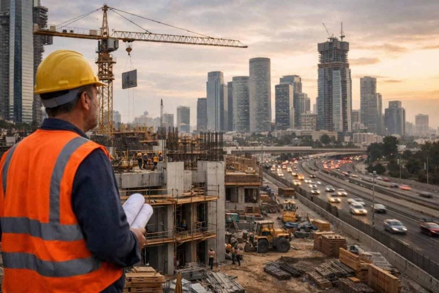 Modern Israeli city skyline with construction cranes representing real estate growth and infrastructure development