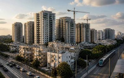 Modern Israeli apartment buildings and construction cranes in an urban neighborhood