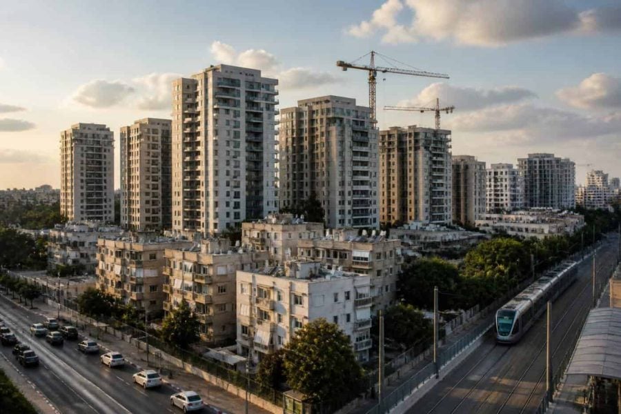 Modern Israeli apartment buildings and construction cranes in an urban neighborhood
