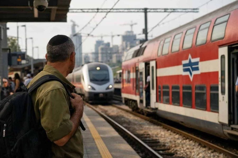 Modern Israel Railways train passing through a station, symbolizing the strategic network overhaul