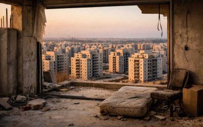 Construction cranes over new residential buildings in Israel representing the housing market surplus