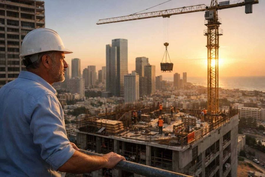 Modern Israeli skyline with construction cranes representing real estate market resilience and 2026 recovery