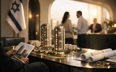 Crowded real estate sales fair in Israel with new construction projects in the background signaling a 2026 market boom