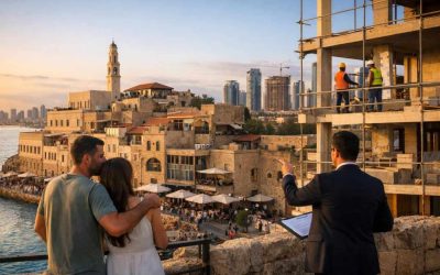 Historic stone architecture in Old Jaffa contrasting with modern luxury real estate developments in Israel