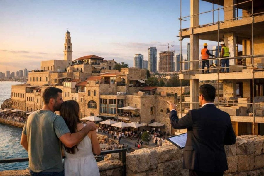 Historic stone architecture in Old Jaffa contrasting with modern luxury real estate developments in Israel