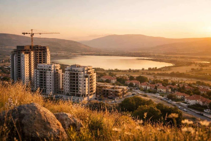 Modern Tel Aviv skyline with construction cranes contrasting with new housing developments in Northern Israel