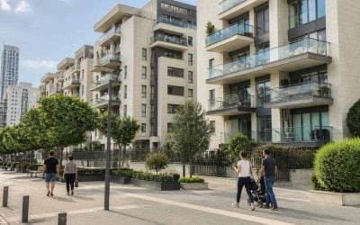 Modern apartment buildings in Israel with people walking along a residential street