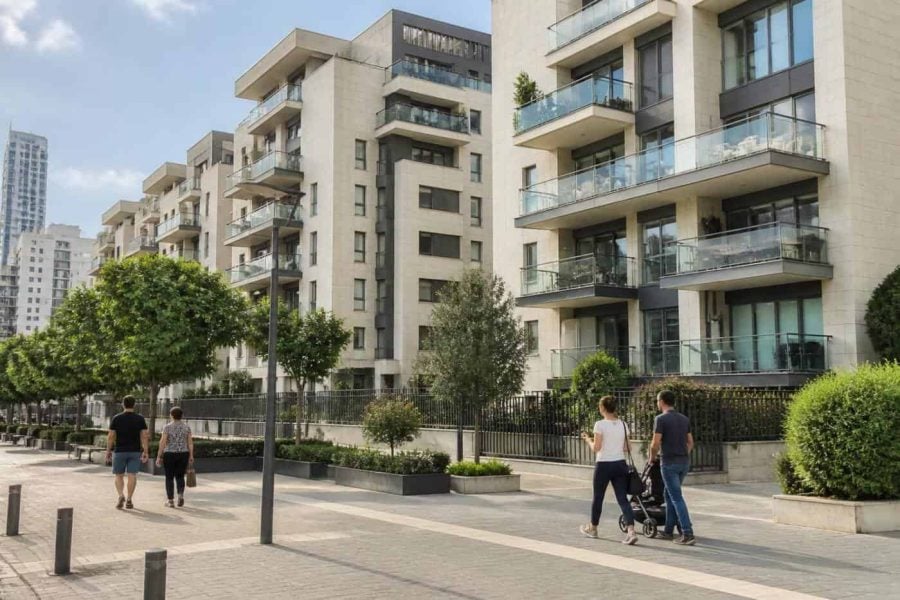 Modern apartment buildings in Israel with people walking along a residential street