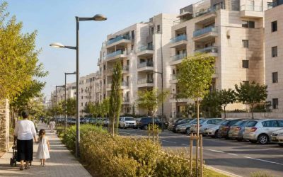 Modern apartment buildings in an Israeli residential neighborhood with families walking nearby