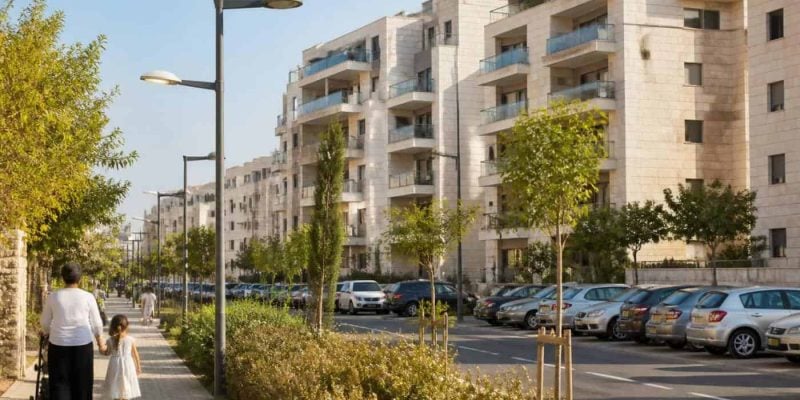 Modern apartment buildings in an Israeli residential neighborhood with families walking nearby