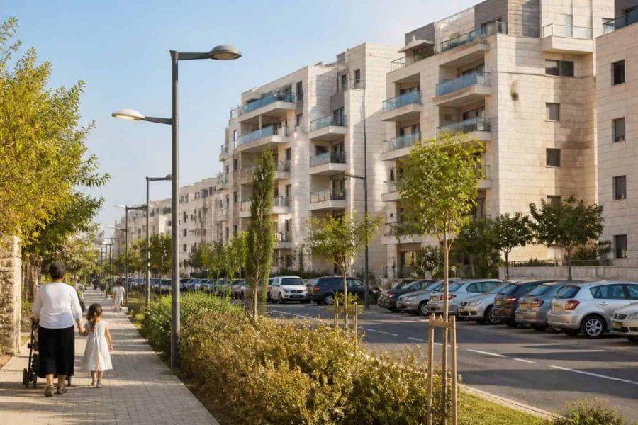 Modern apartment buildings in an Israeli residential neighborhood with families walking nearby