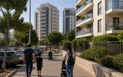 Modern apartment buildings in a busy Israeli residential neighborhood with families walking nearby