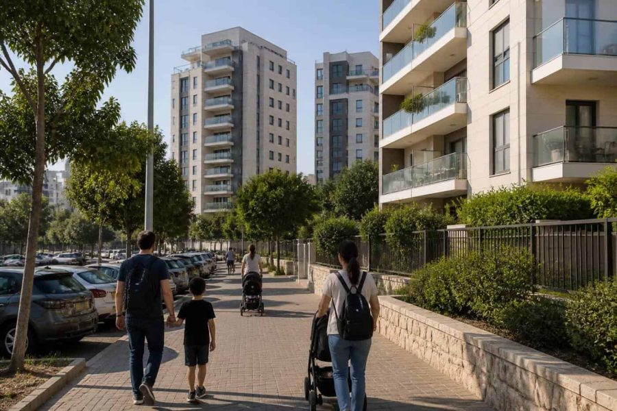 Modern apartment buildings in a busy Israeli residential neighborhood with families walking nearby