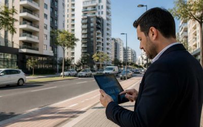 Modern apartment buildings in an Israeli city with a real estate investor reviewing housing market data on a tablet