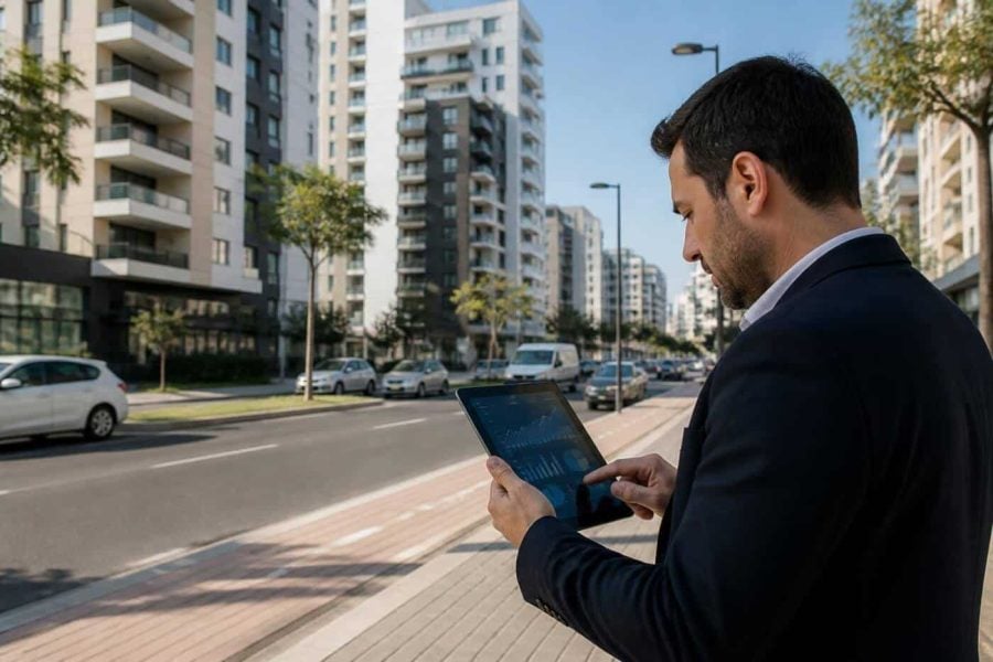 Modern apartment buildings in an Israeli city with a real estate investor reviewing housing market data on a tablet