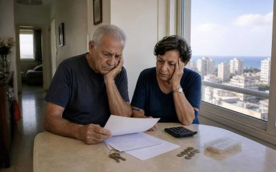 Older Israeli couple reviewing household bills at a kitchen table in a city apartment