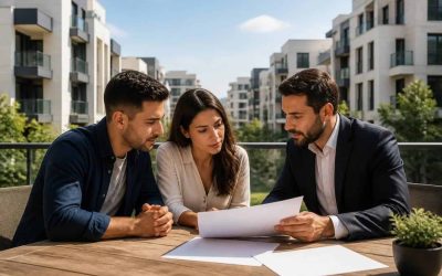 A homebuyer reviews apartment options with a real estate professional in a modern Israeli residential setting.