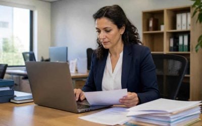 Government procurement professional reviewing public tender documents on a laptop in a modern office