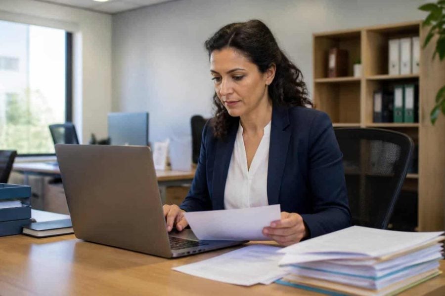 Government procurement professional reviewing public tender documents on a laptop in a modern office