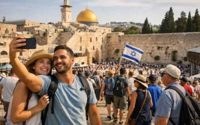 Crowds of international tourists visiting the Western Wall in Jerusalem during the 2026 travel surge