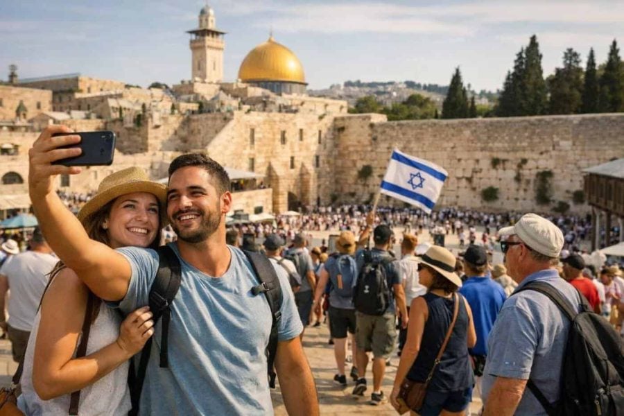 Crowds of international tourists visiting the Western Wall in Jerusalem during the 2026 travel surge