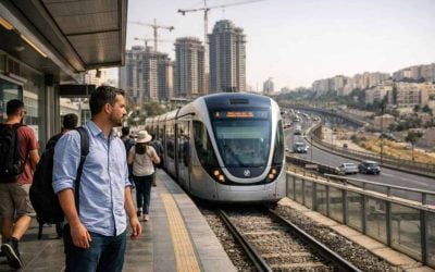 Modern light rail train passing through a developing residential area in Tel Aviv, Israel