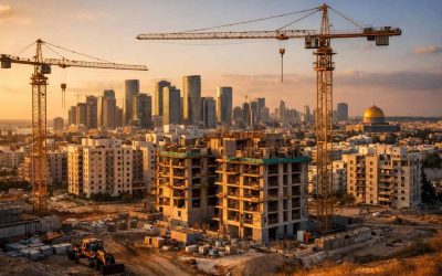 Construction cranes towering over modern residential buildings in Israel during the nationwide urban renewal project