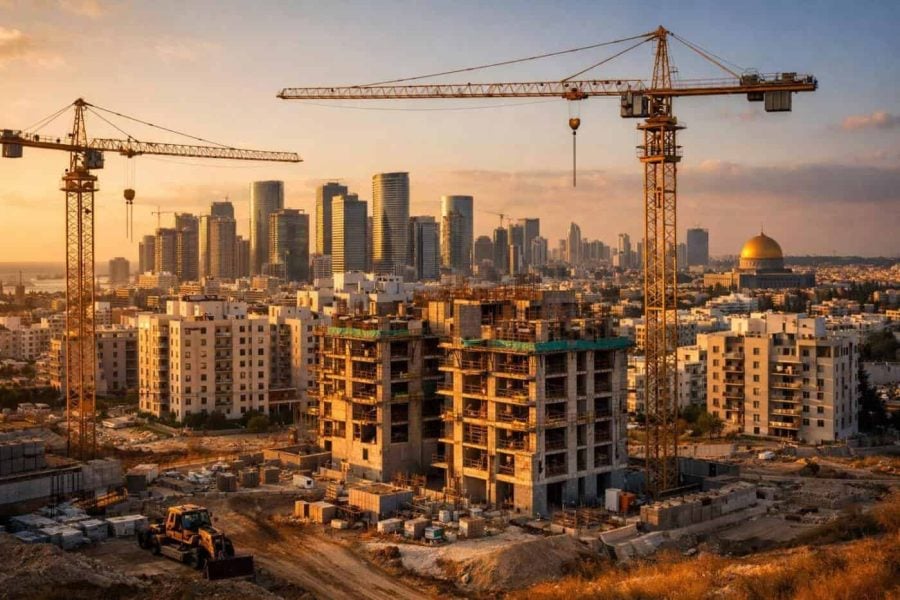 Construction cranes towering over modern residential buildings in Israel during the nationwide urban renewal project
