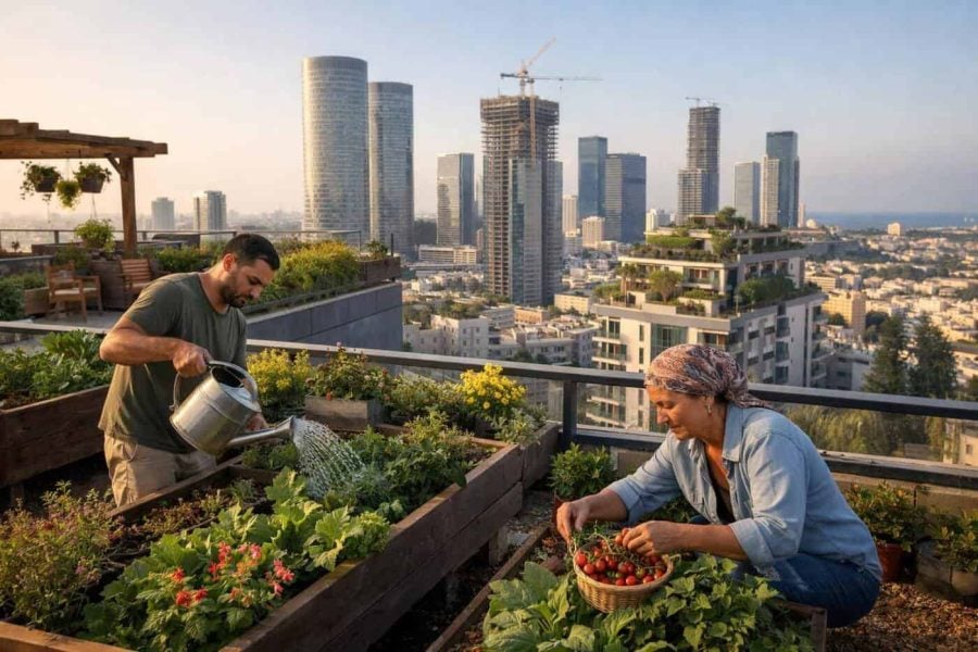 Lush green rooftop garden overlooking a modern Israeli city skyline, representing the Fifth Facade architecture revolution