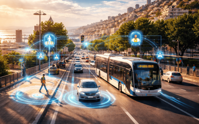 Modern Metronit bus and cars on a Haifa city street using V2X smart traffic technology with real-time vehicle and pedestrian connectivity