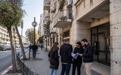 Exterior view of a residential building on a central Jerusalem street with pedestrians nearby