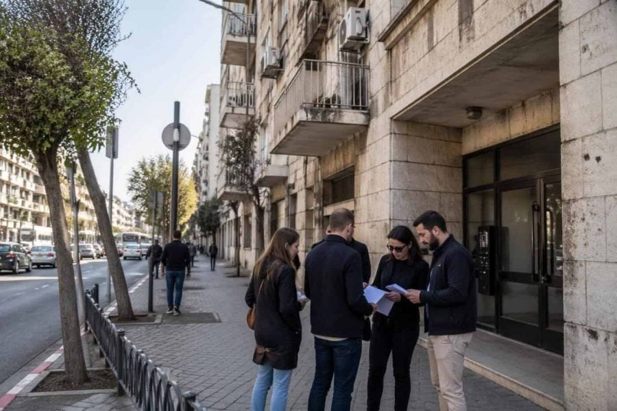 Exterior view of a residential building on a central Jerusalem street with pedestrians nearby
