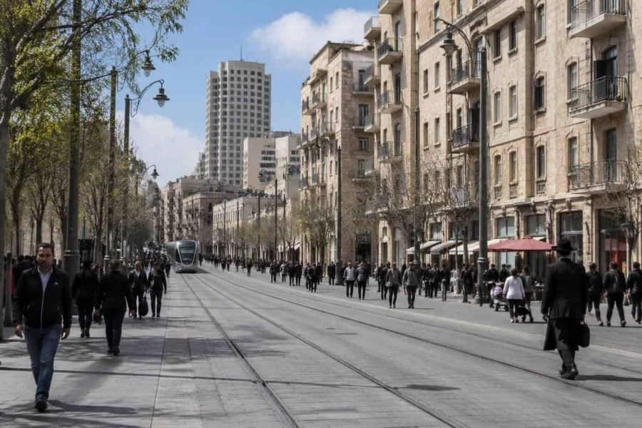 Central Jerusalem street scene near Jaffa Street with residential buildings and pedestrians