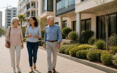 Older couple walking outside a modern retirement residence in Israel