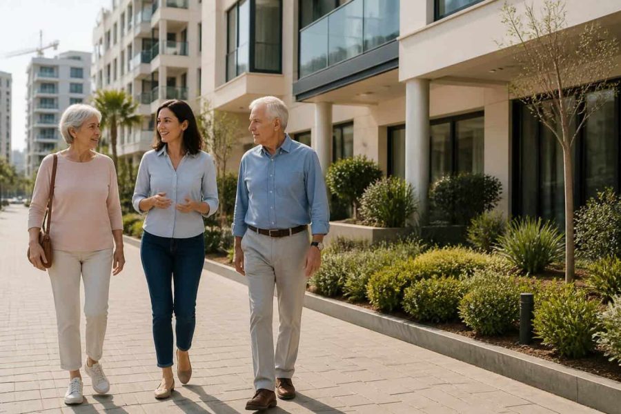 Older couple walking outside a modern retirement residence in Israel