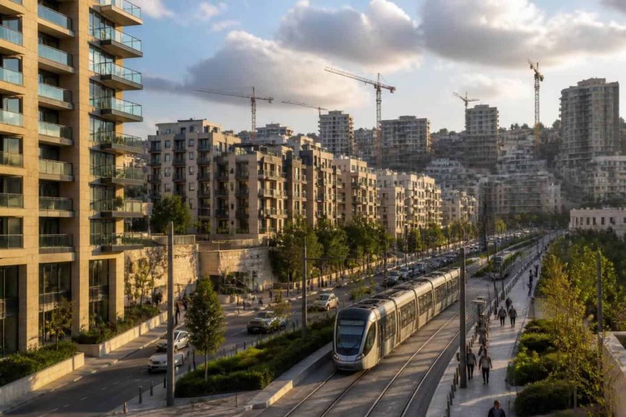 Modern apartment buildings and light rail infrastructure in a Jerusalem residential neighborhood