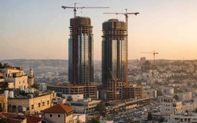 Architectural rendering of the new twin towers development in Jerusalem's Talpiot neighborhood skyline