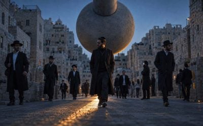 jerusalem street meneath a stone sphere and jews walking about to get hit