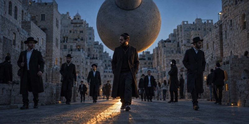 jerusalem street meneath a stone sphere and jews walking about to get hit