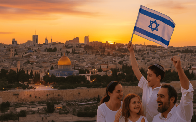 Black and white photo of people waving Israeli flag.