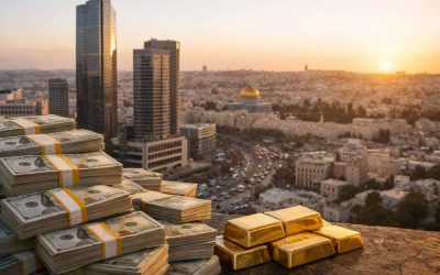 Bank of Israel building and financial graph representing 233 billion dollar reserves