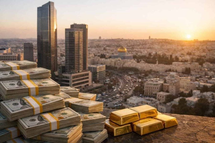 Bank of Israel building and financial graph representing 233 billion dollar reserves